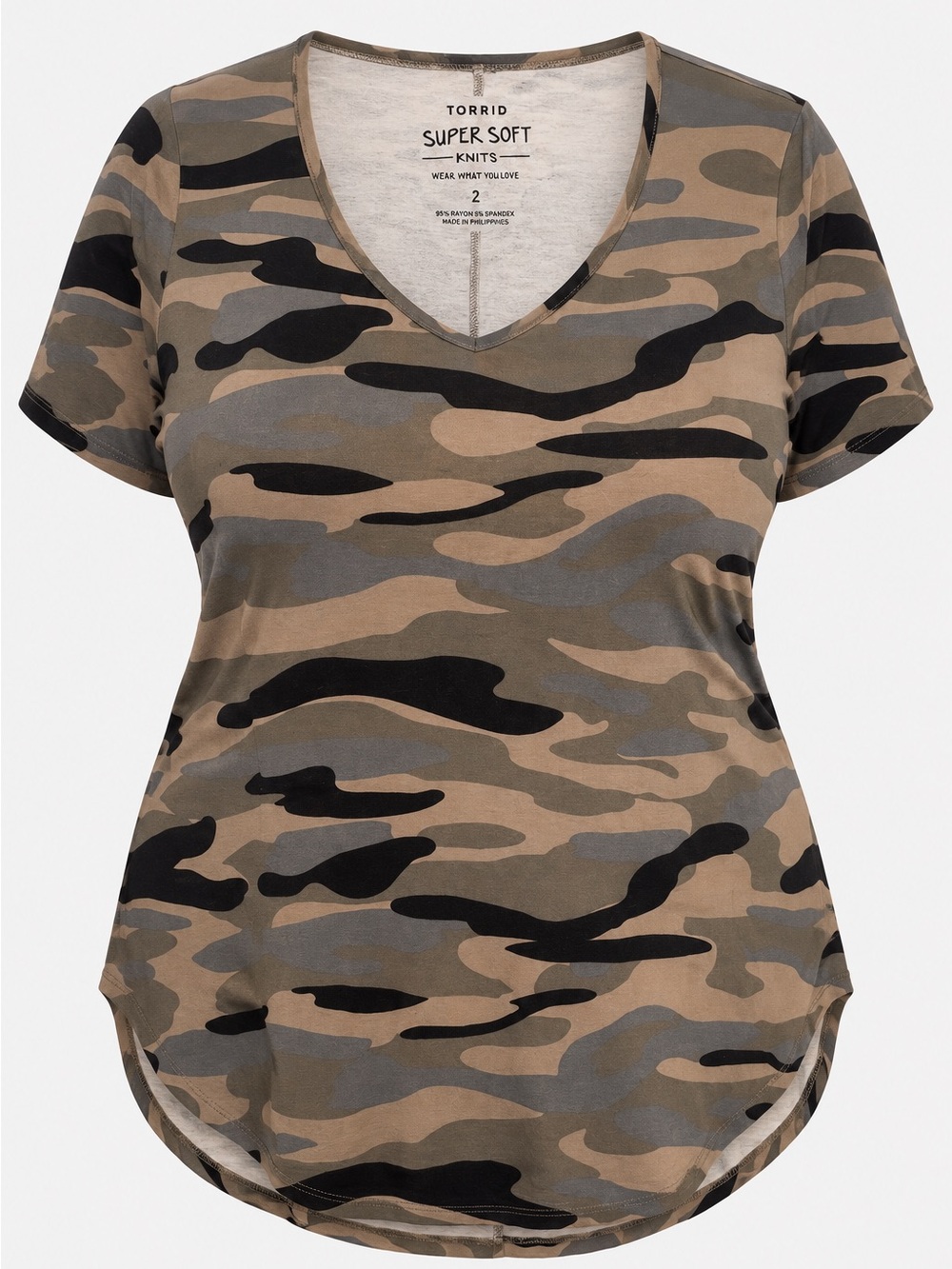 torrid Camo V-Neck Short Sleeve Top - Olive, Black, Tan